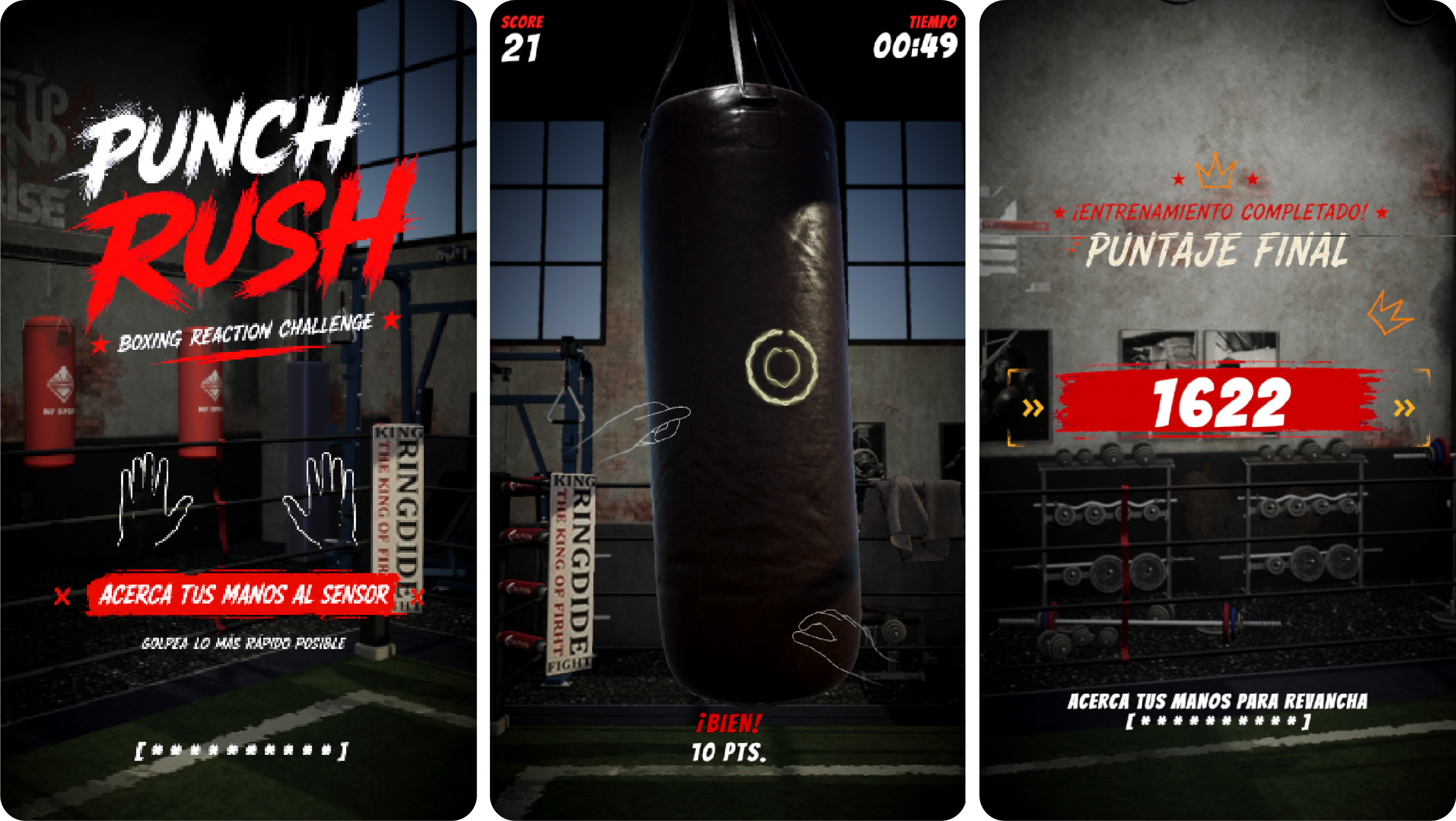 Punch Rush · Bienvenida, juego y puntaje final