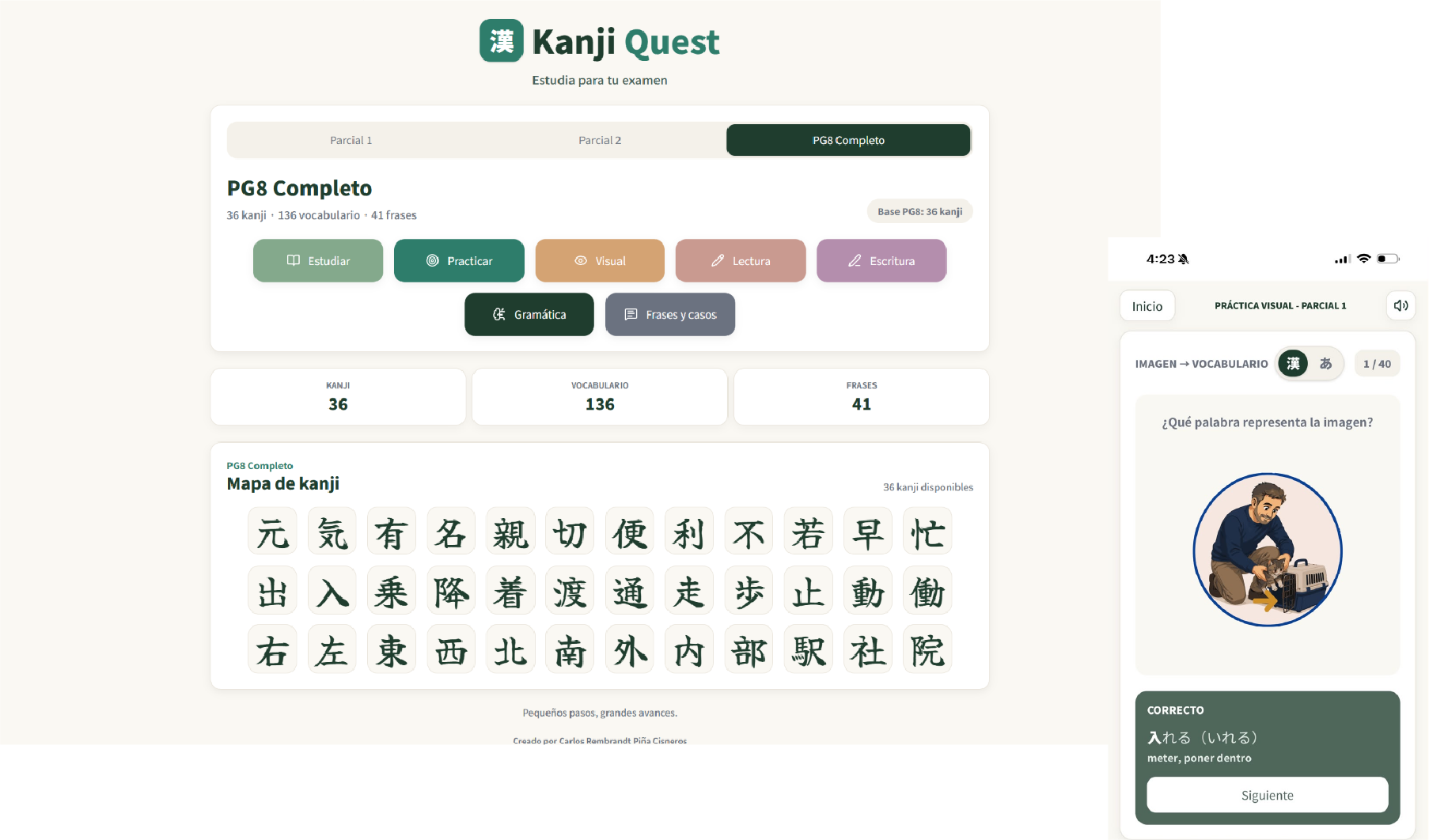 Kanji Quest · Interfaz de escritorio y móvil